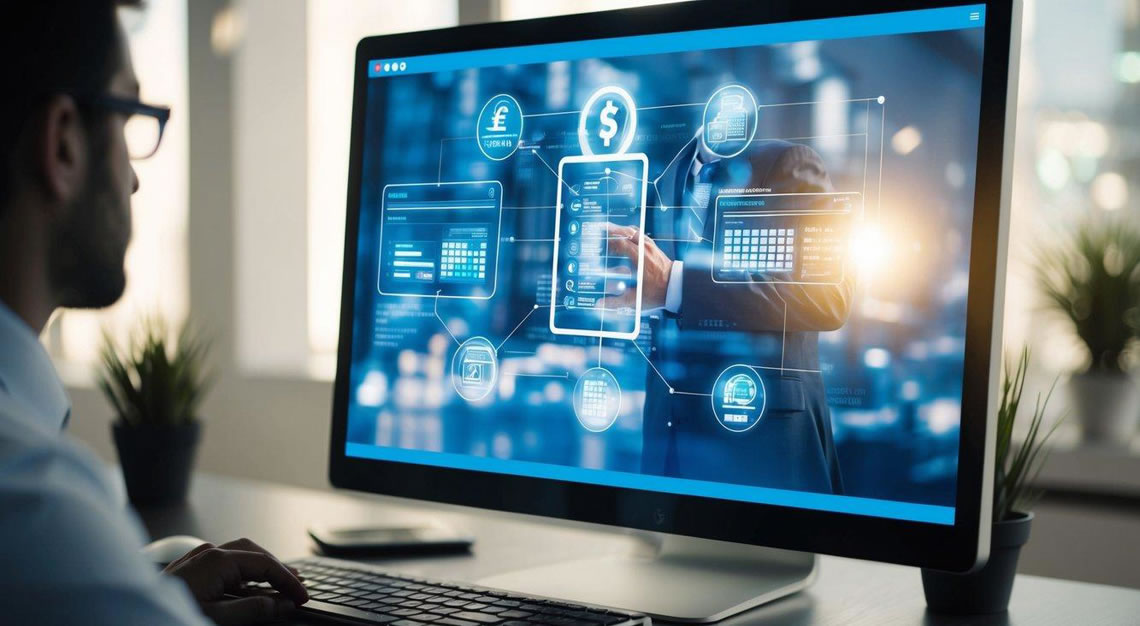 A computer screen displaying unauthorized access and manipulation of financial data, with a person's personal information being stolen